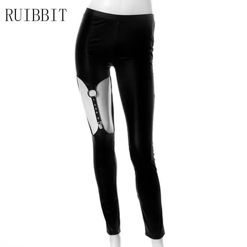 Gothic Devil Fashion Punk Harajuku Leather Strap Ring Hollow Rivet Women Punk Pencil Pants Female Black Casual Tight Trousers