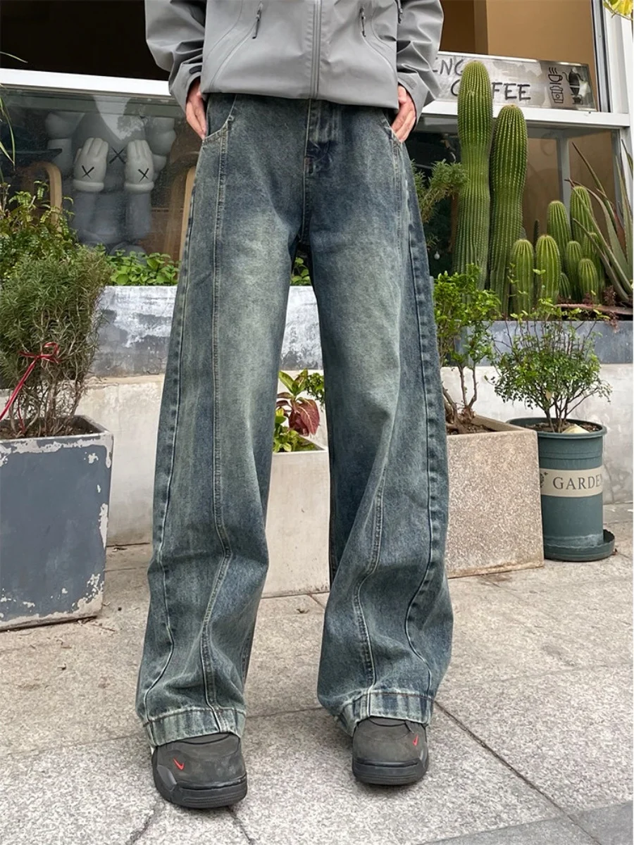 

Retro American Sle Knife Wide Leg Jeans Spring Autumn New Waed Splicing Workwear Pants Men's Loose Straight Cut Jeans