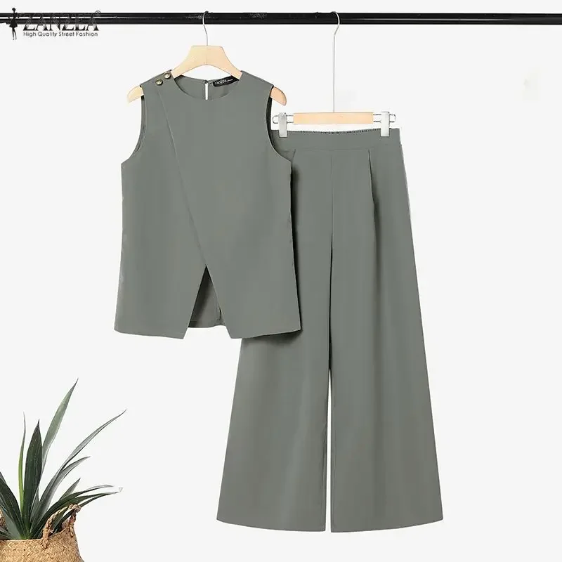 

2026 Elegant Sleeveless Tank Tops Pant Sets ZANZEA Summer Women 2 Piece Sets Elegant Tracksuit Without Belt Solid OL Work Outfit