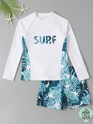 Boy Swimsuit 2024 New Solid And Print Long Sleeve Children Swimwear Summer Kids Beach Wear Shorts Swimming Bathing Suit For Men