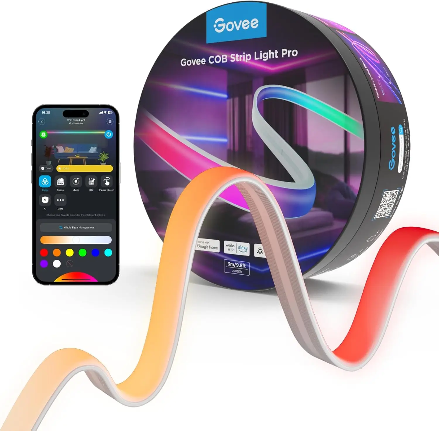 Smart RGBICW LED Strip Lights, Alexa/Google/Matter Compatible, Warm White & Color Changing, 9.8ft for Bedroom Decor