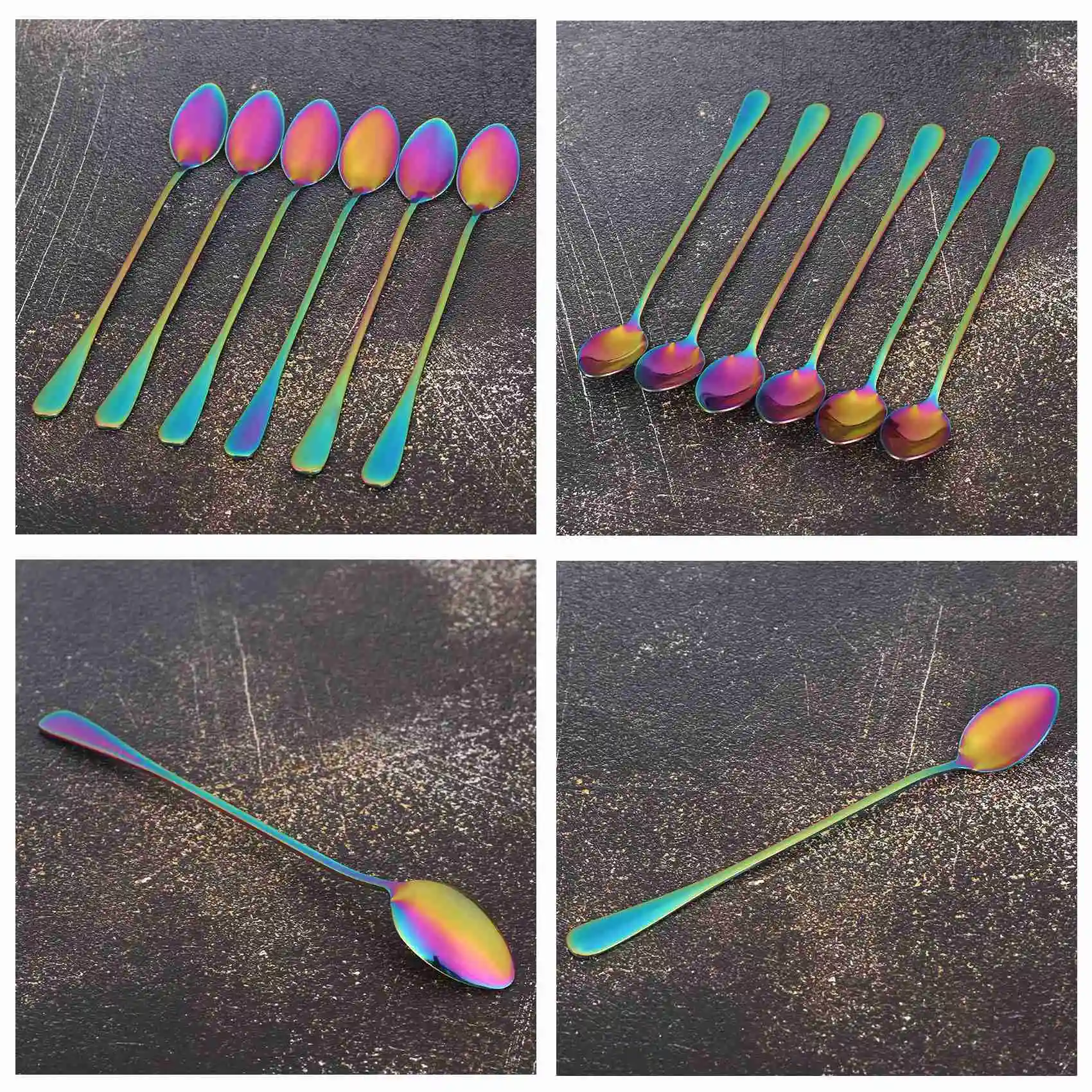ABUH-Coffee Teaspoons, Set Of 6 Rainbow Color Coffee Spoon Long-Handle Ice Cream Desert Spoon Cocktail Stir Spoons Mixing Spoon,