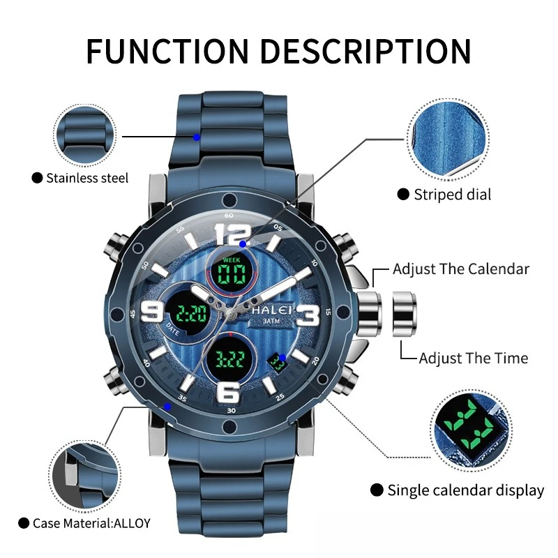 2025 Luxury Men's Quartz Watch Dual Movement Sports Clock Chronograph Calendar Multifunctional Men's Watch