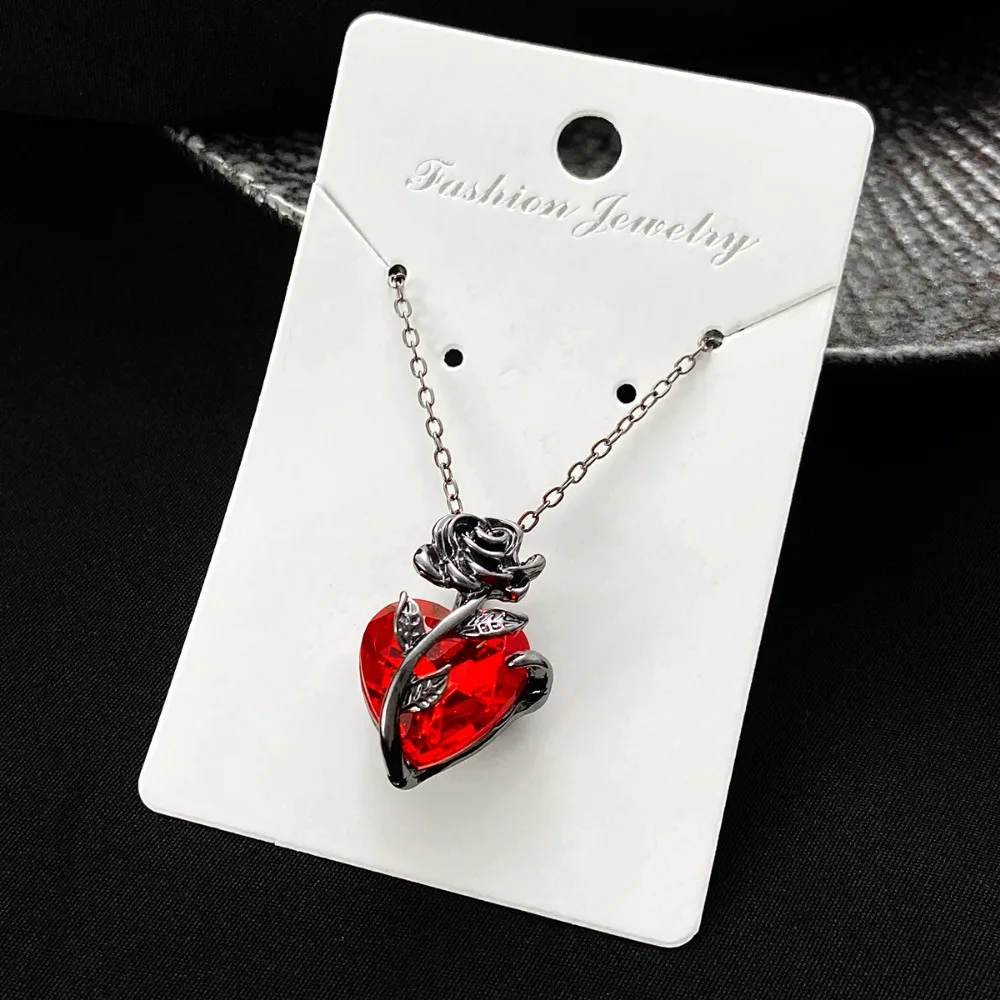 Goth Style Red Heart Crystal Pendant Necklace for Women Retro Dark Rose Flower Collarbone Chain Hallowmas Jewelry Anniversary