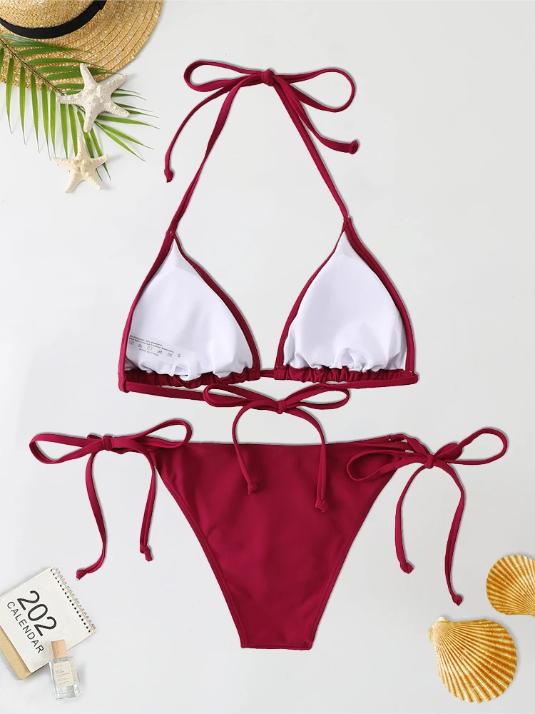 2Pcs/Set Women Thong Bikini Set Side Lace-up Sexy Swimsuit Bandage Neck Tie Swimwear Adjustable Brazilian Style Bikini Underwear