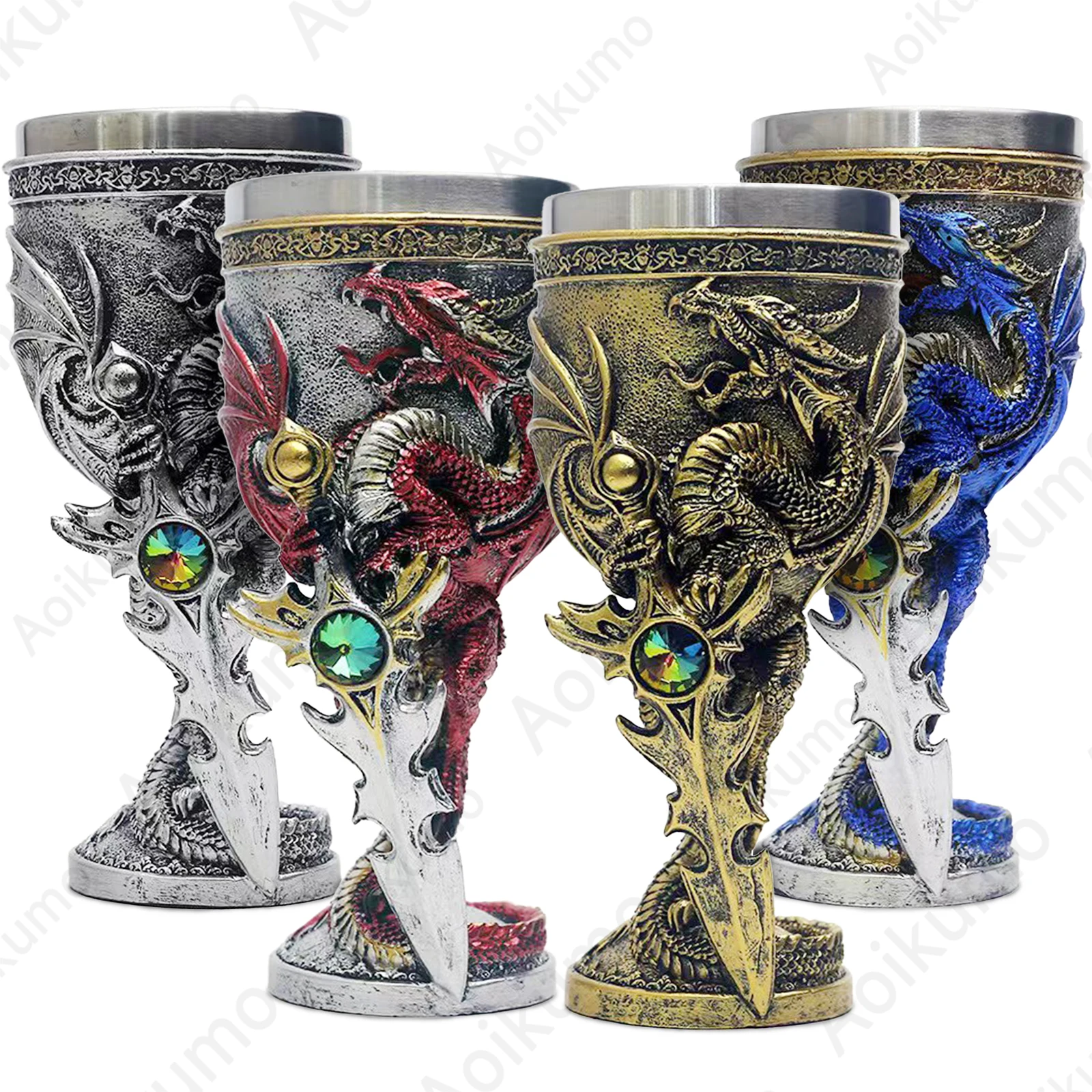 Flying Dragon Sword Goblet Stainless Steel Insert Wine Glass  Drachen Fantasy Cross Sword Sea Blade Flame Blade Chalice