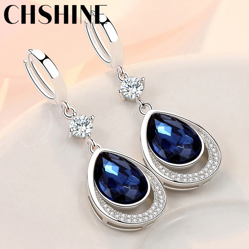 CHSHINE-925 Sterling Silver Water Drop Sapphire Brincos Para Mulheres, Jóias Da Moda, Banquete De Casamento, Presente De Festa