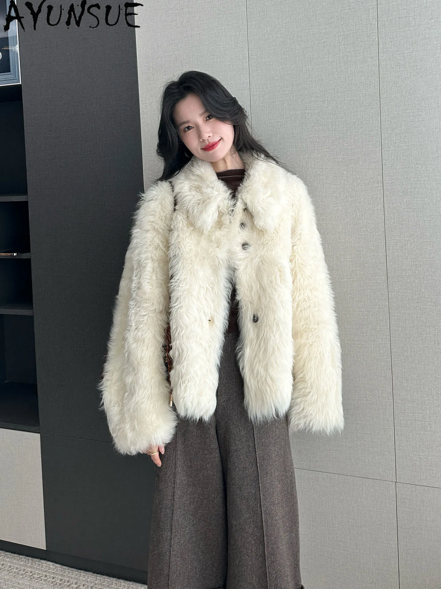 AYUNSUE 100% Natural Sheepskin Fur Coat Tuscany Real Fur Coats Woman Warm Winter Clothes Women Loose Fit Шуба Натуральный Мех