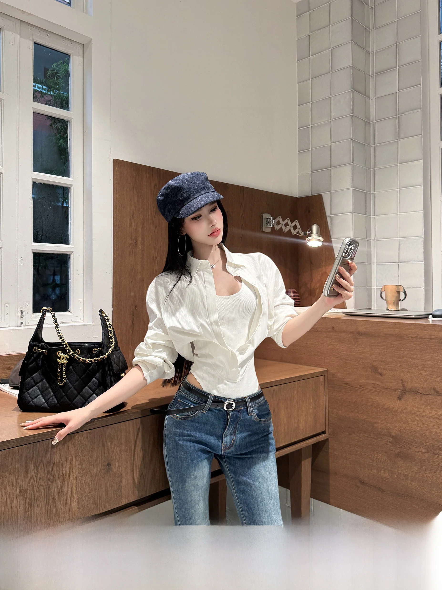 

Женская блузка с длинным рукавом и воротником, с эффектом утяжки талии, для ранней осени, повседневная, комфортная, свободного кроя