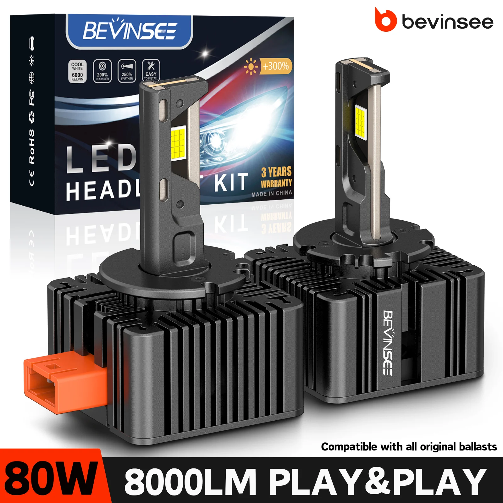 

BEVINSEE D3S D3R LED CANbus 80W 8000LM D2R D2S D1R D1S D5S LED Car Headlights Bulbs HID Replace Kit Plug&Play 6000K 12V Car Lamp