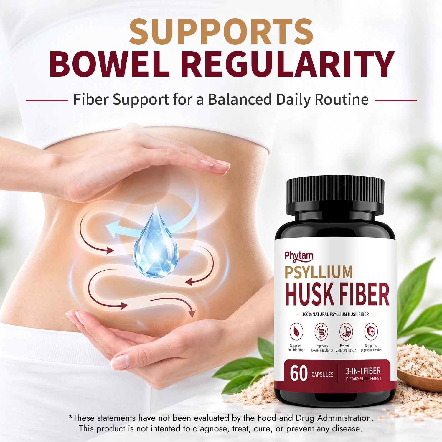 Psyllium Husk Fiber Capsules 60 Count Natural Soluble Fiber Daily Dietary Supplement for Digestive Wellness Support