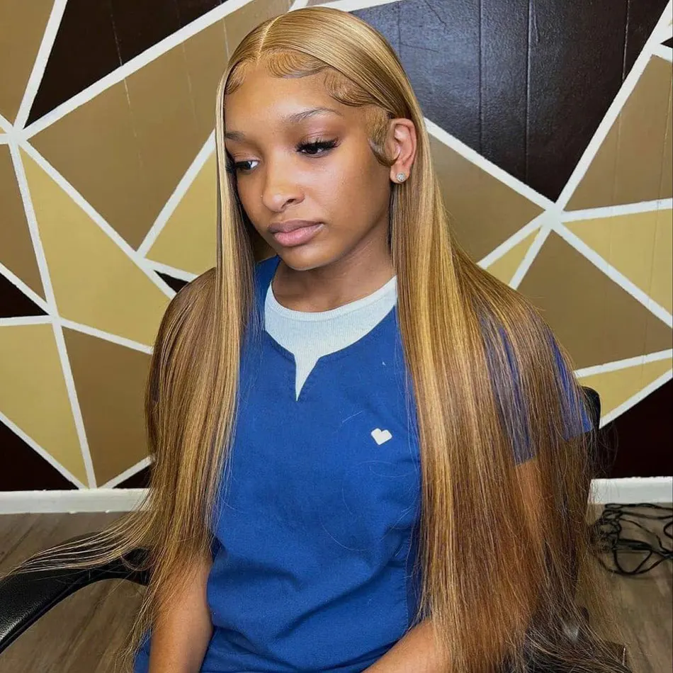 

30 36 дюймов P4/27 Highlight Wig Human Hair Straight 13x6 Hd Lace Frontal Wig 200% Плотность Ombre Медовый Блондин Коричневый Парик из человеческих волос
