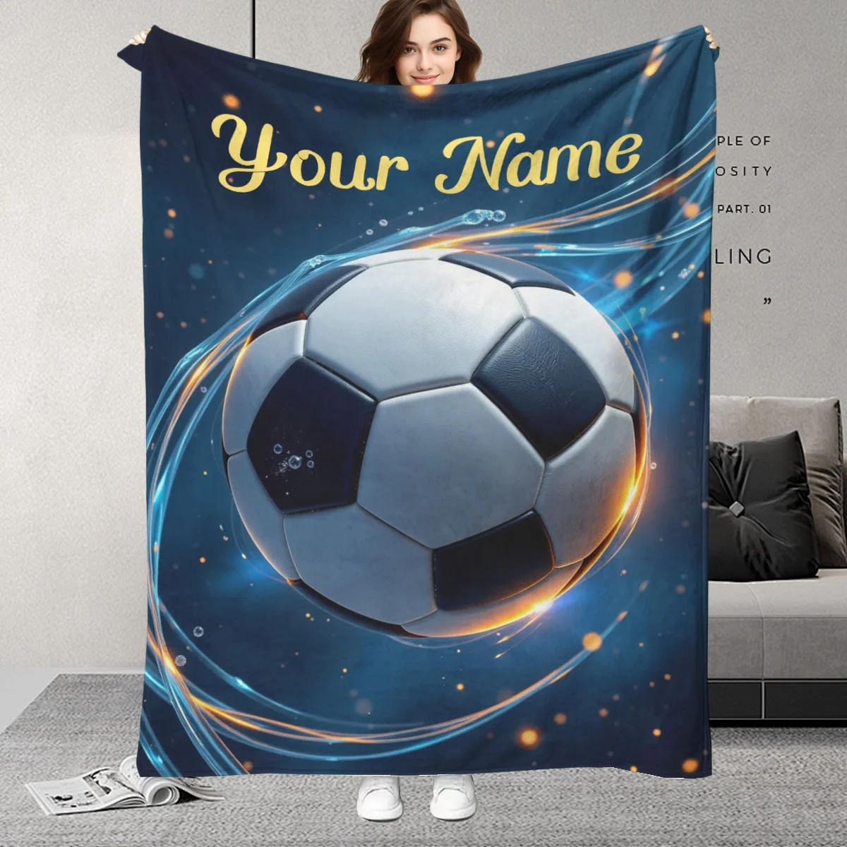 This football pattern blanket with customizable name is suitable for sofa, bed, travel, camping and is perfect for all seasons