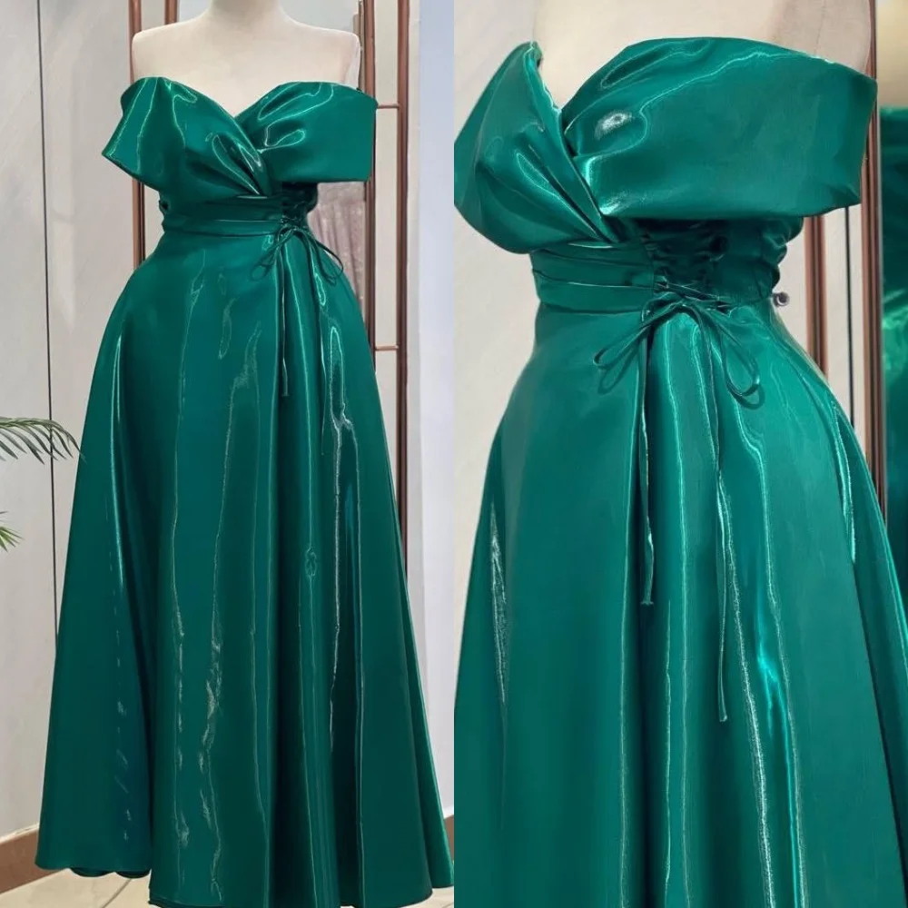 Customized Classic Blue Satin Evening Dress Exquisite Strapless Off the Shoulder Sleeveless Lace Up Back Special Occasion Gowns