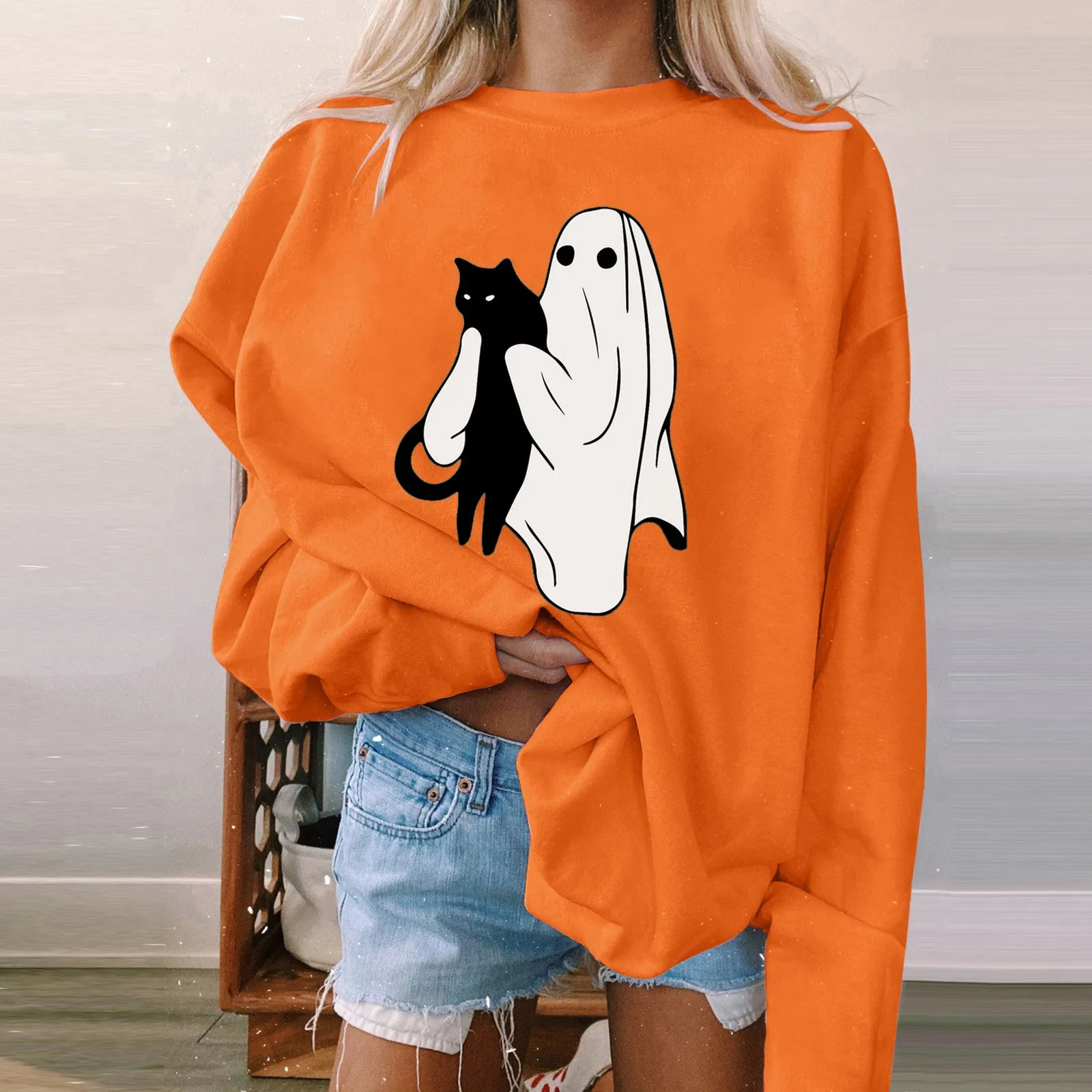 

Halloween Cat Ghost Print Hoodies Women'S Pullovers Harajuku Funny Graphic Sweatshirts Round Neck Long Sleeve Blouse Tops