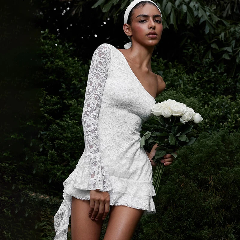 

Womens One Shoulder Lace Mini Dress Sexy Pleated Solid Flare Long Sleeve Irregular Slim Dresses 2026 Daily Street Lady Robe