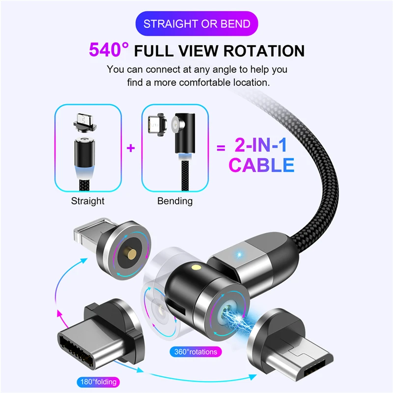 TIDOVE Magnetic USB Cable Fast Charging Type C Cable Magnet Charger Micro USB Cable Mobile Phone USB Cord New 360º+180º Rotation