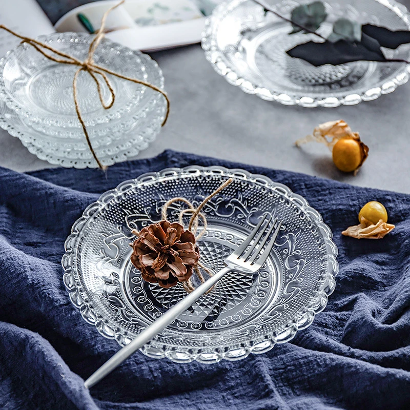 Transparent Glass Dessert Plate Set, Flower Pattern Tableware Set, Household Living Room, Western Fruit and Snacks Dish Utensils
