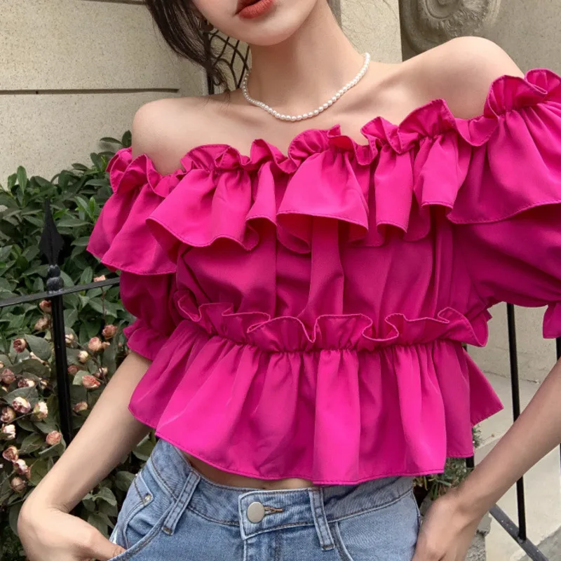 Korean Chic Sexy Off Shoulder Solid Short Tshirt Women\'s Slash Neck Elegant Layered Ruffles Cake Puffy Sleevs Tee Shirt Crop Top