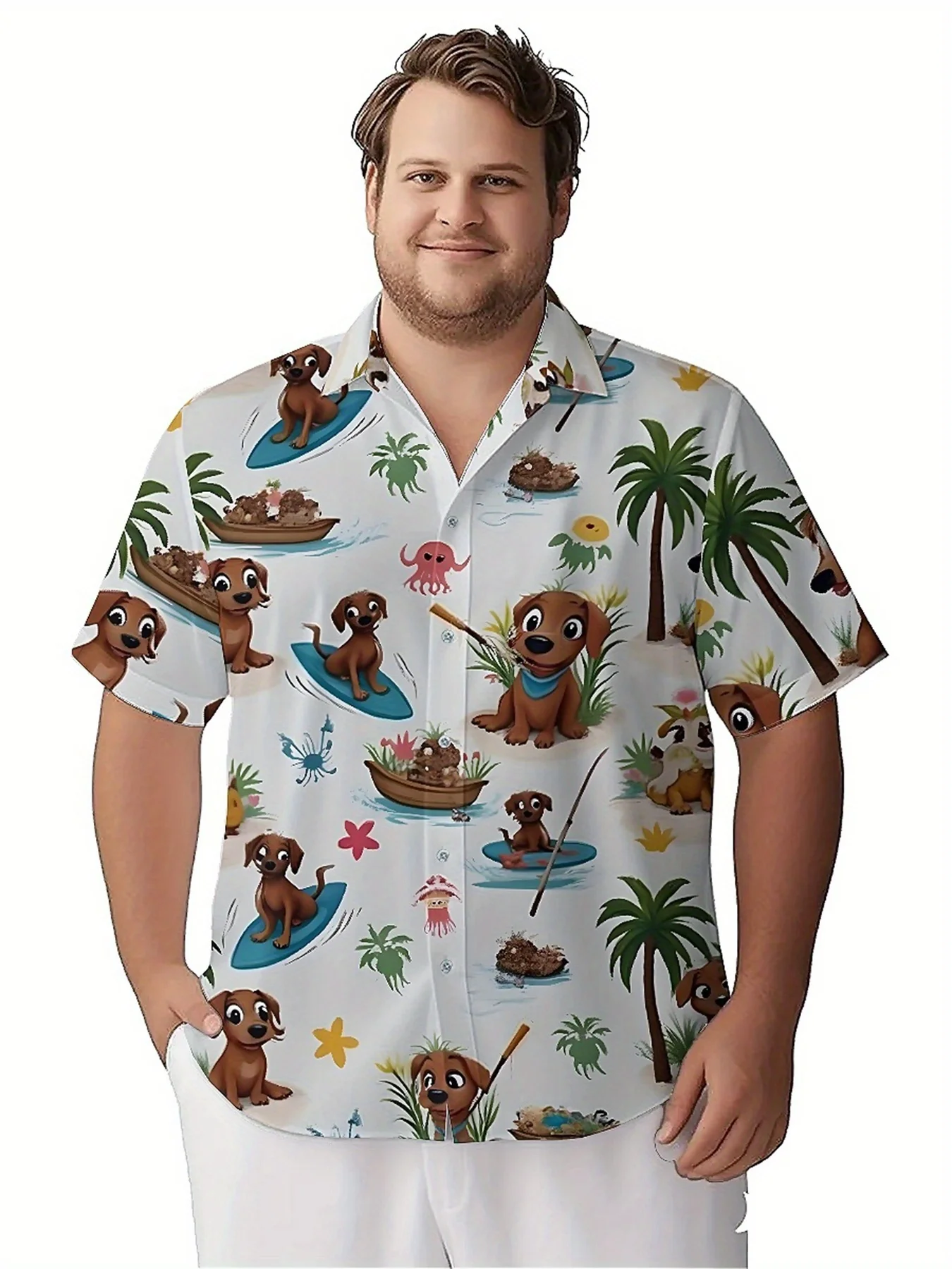 Kemeja Hawaii Ukuran Besar Pria Pola Petualangan Selancar Anjing Tropis, Kemeja Berkancing, Pakaian Kasual Uniseks, Atasan Musim Panas