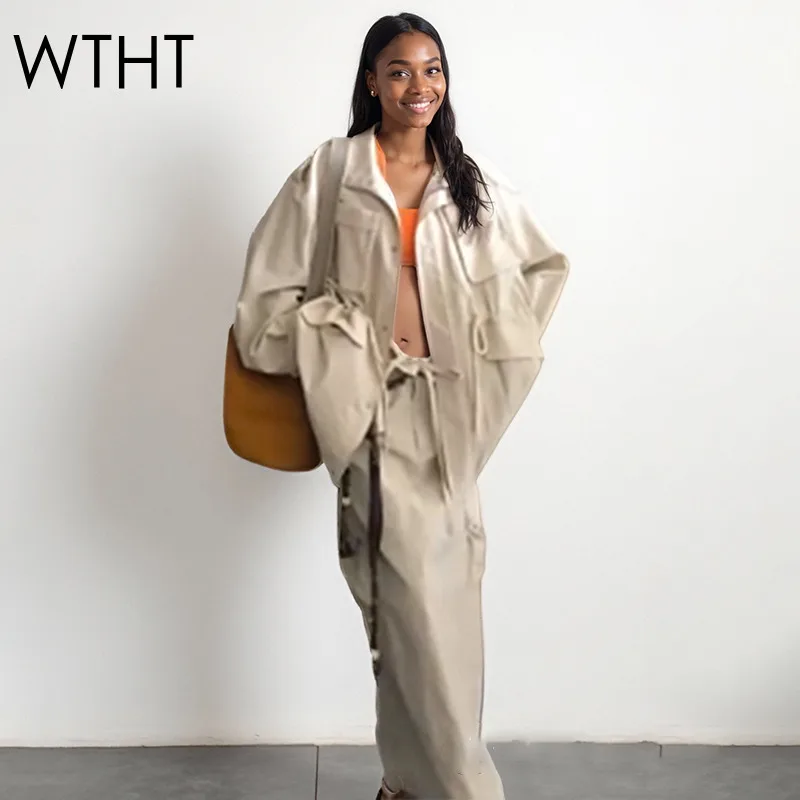

WTHT Fashion Women's Suits Cargo Drawstring Design Casual Jacket High Waist Long Skirts Set Female 2025 Autumn 1LS2435