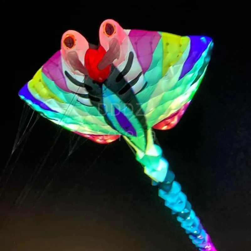 LED Ray fish show kite flying 30D Ripstop Nylon Fabric Line Laundry Kite Pendant Large soft Inflatable Kite with round LED