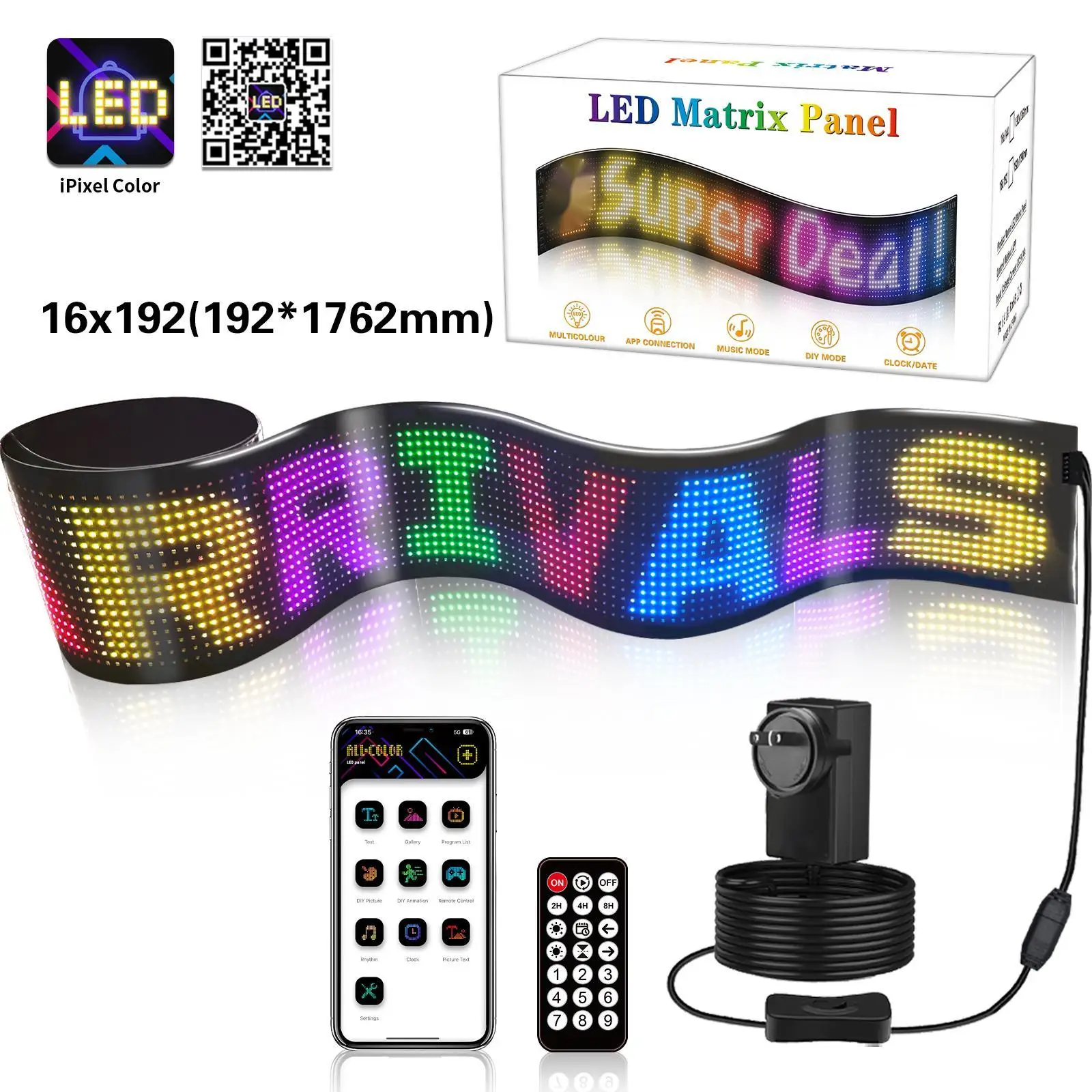 LED Sign Programmable Flexible Scrolling Advertising LED Display 16x192 Dot Panel Bluetooth APP Custom Color Animations Graffiti