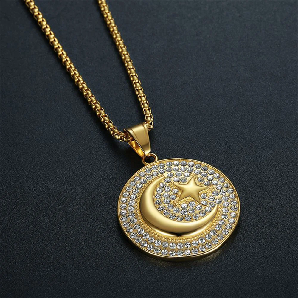 Religiöse islamische Halbmond und Stern Anhänger männlich Gold Farbe Edelstahl muslimische Runde Halskette für Männer Schmuck Geschenk 2025