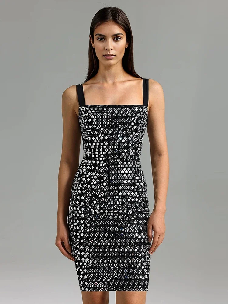 Sexy Träger, quadratischer Kragen, glänzende Diamanten, Verbandkleid für Damen, schwarz, ärmellos, rückenfrei, Kristall, figurbetonte Kleider, Abendclub