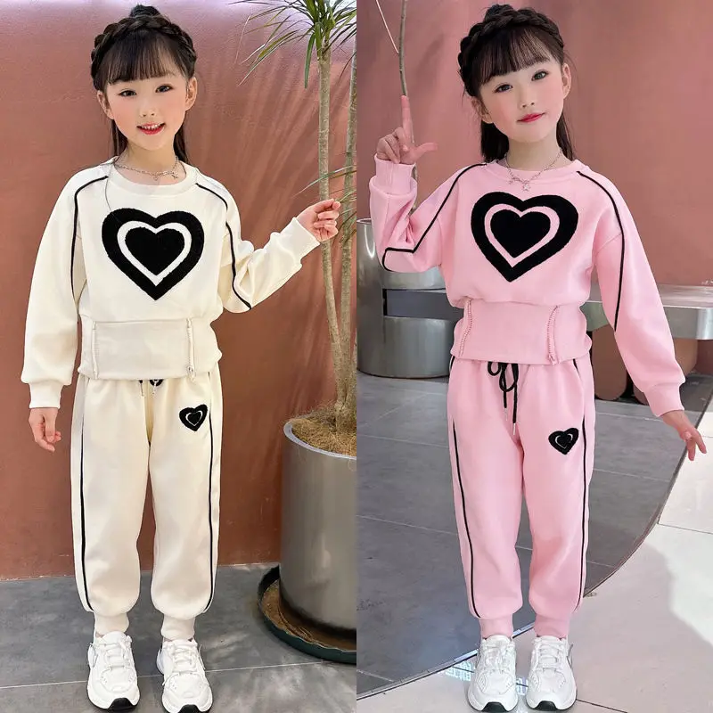 New Big Size Teenage Girls Spring Autumn Clothing Set Cartoon Big Heart Blouse Shirt + Pants 2Pcs Outfit Suit For Children