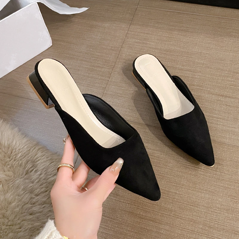 

New Concise Pointed Toe Women Slippers Fashion Thin Low Heels Party Pumps Mules Slide Shoes Party Dress Shoes Plus Size 42