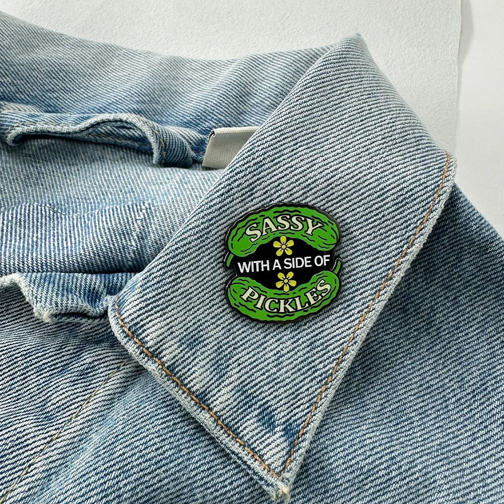 Funny Sassy With A Side Of Pickles Enamel Brooch Cute Green Cucumber Shaped Lapel Pin Humorous Food Themed Accessory Badge Gift