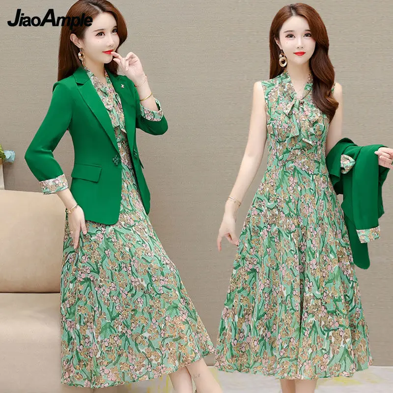 Women\'s Elegant Suit Jacket Floral Dress Two-piece Korean Casual Blazers Business Dresses Set Female Clothing Midi Skirt Suit