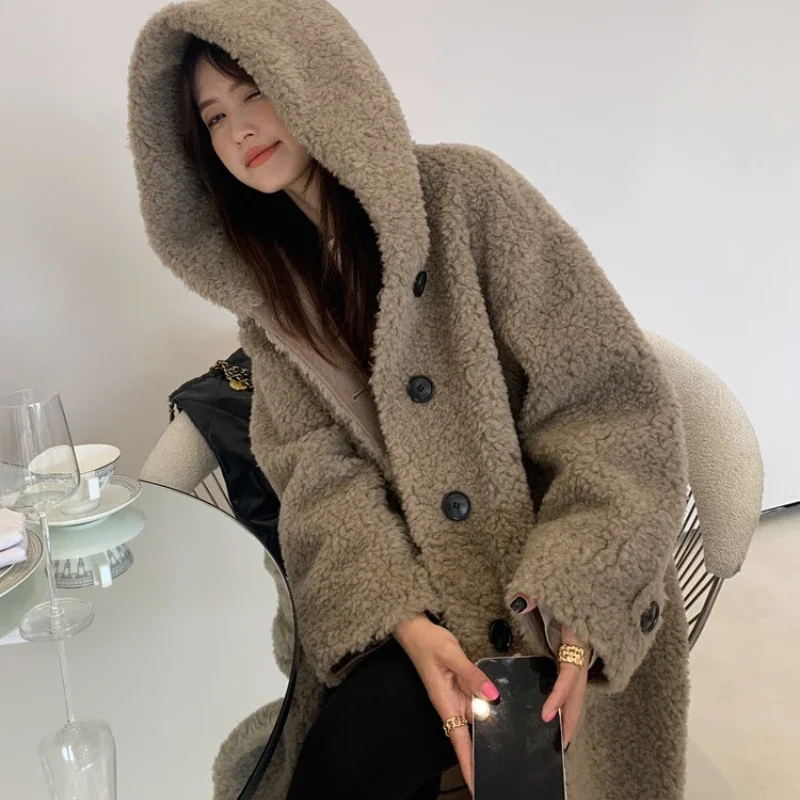 AYUNSUE 100% Sheep Shearing Jacket Women Elegant Winter Wool Jackets Fur Coat Hooded Long Coats Korean Fashion Abrigos SGG1297