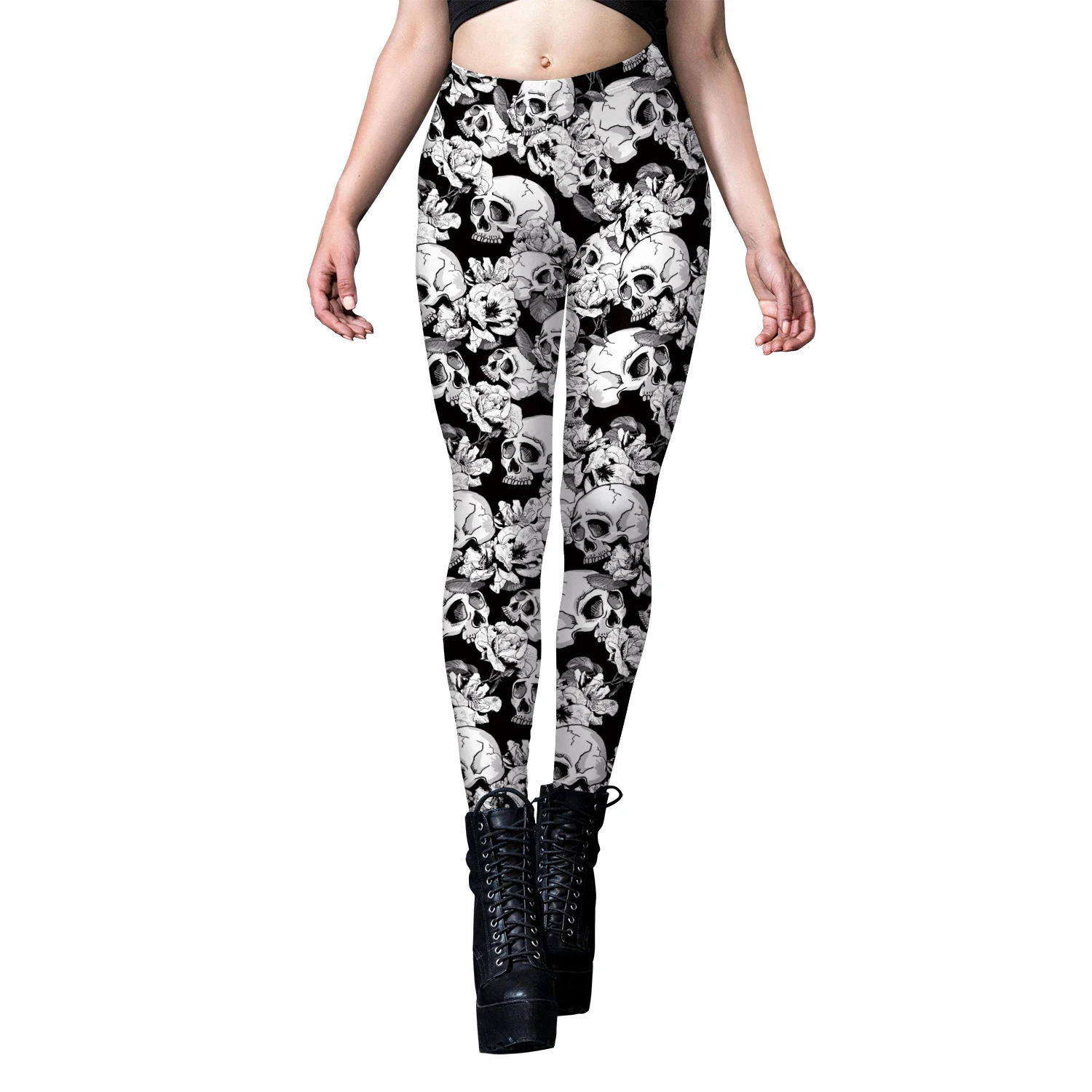 12% Spandex Fashion Punk Style Skull Leggings Women Black  Printing Elastic Workout Fitness Running Leggings Stretch Pants