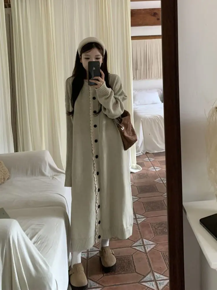 

Knitted Sleeveless Dresses For Ladies Womens Spring Gradient Jacquard Bow Half-High Textured Thin Placket Chic Button-Decorated