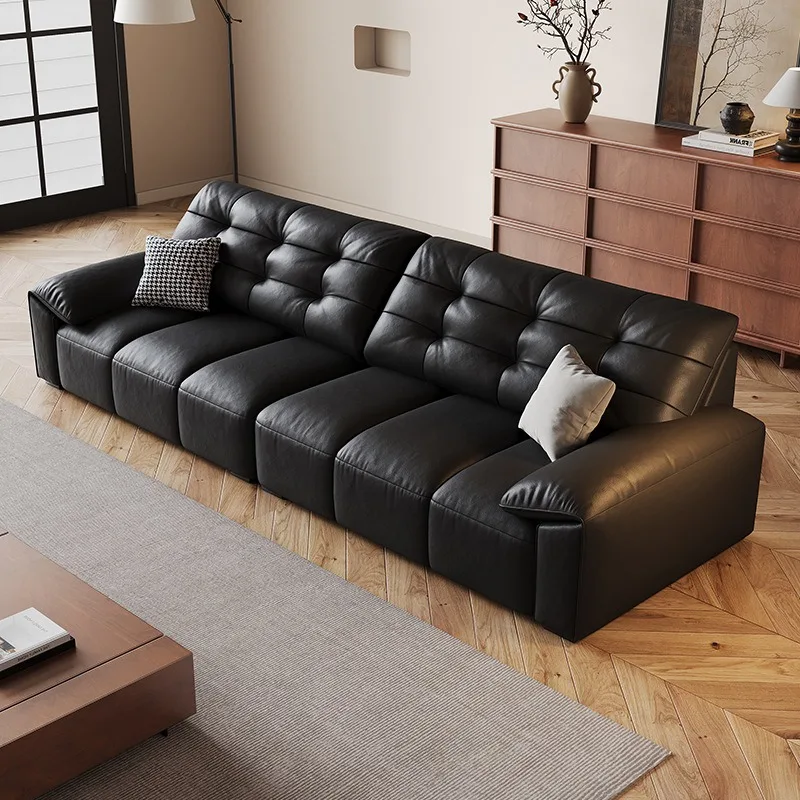 Italian minimalist straight row big black bear leather sofa