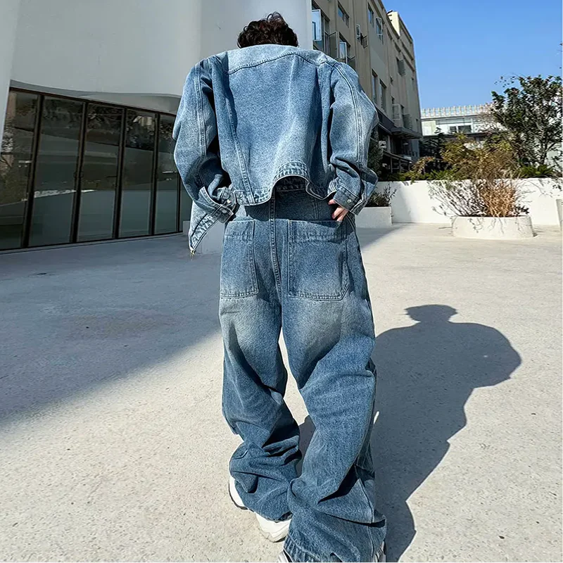 PFNW Men's Niche Design Denim Set Double Zipper Stand Collar Denim Jacket + Straight Wide Leg Jeans Loose Two Piece Set 9C4238