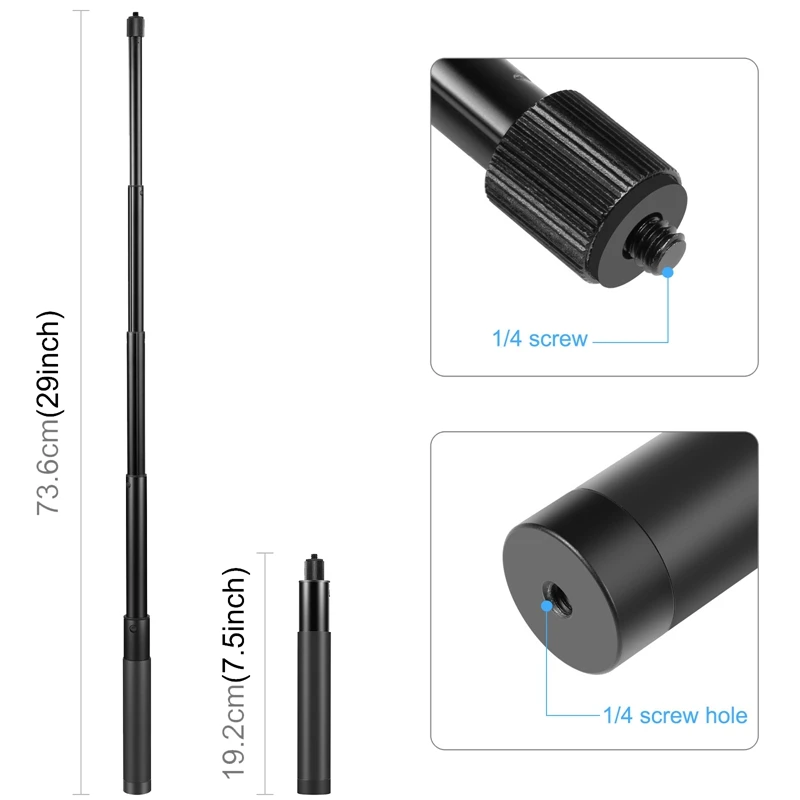 73.5Cm Metal Selfie Stick Monopod With Invisible Adapter Base & Screw For Insta360 One RS / X2 / X3