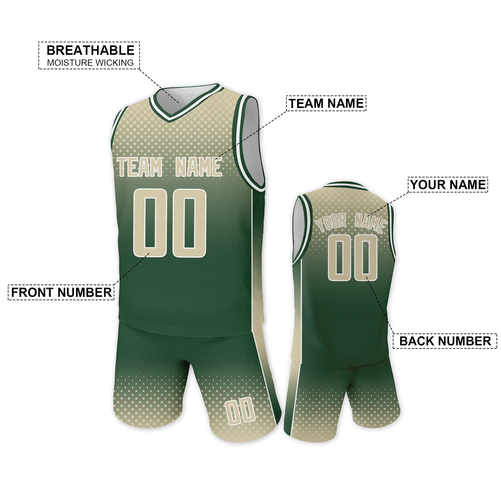 Custom Basketball Uniform for Kids Cream Green Printed Team Name Number Basketball Jersey Shorts Suit for Boys Girls 3-14Y