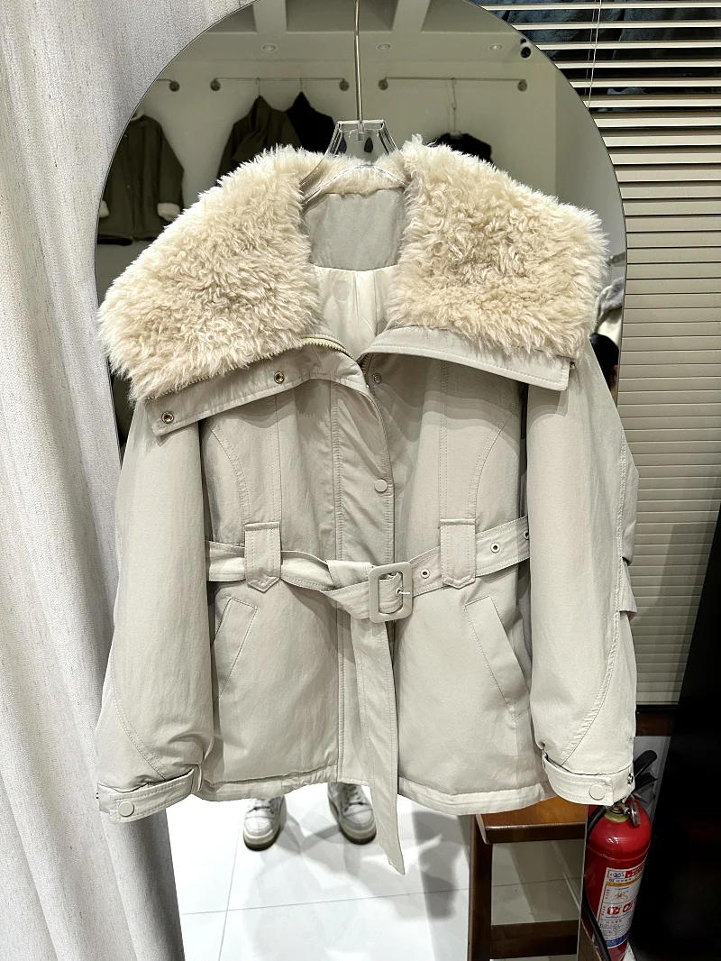 

2025 New Korean Sle Women's Thiened Lamb Fur Collar down Jaet Winter Warm Coat Straight Cut Long Sve Zipper Closure