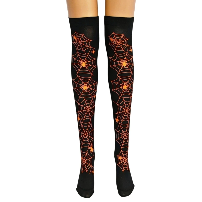 Womens Halloween Thigh High Long Socks Gothic Spiderweb Patterned Over Knee Stockings Cosplay Party Costume Hosiery