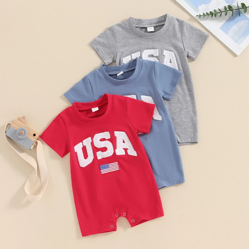 2024-03-04 Lioraitiin Summer Baby Girls Boys 4th of July Rompers Fuzzy Letter Flag Embroidery Crew Neck Short Sleeve Jumpsuits