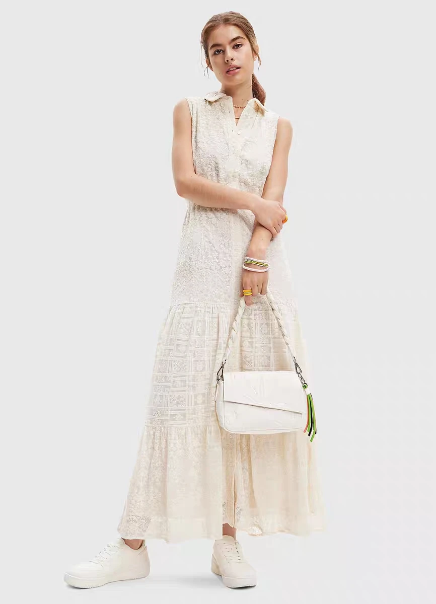 

Foreign trade original single Spanish new embroidered shirt collar elastic waist natural pattern women's long sleeveless dress