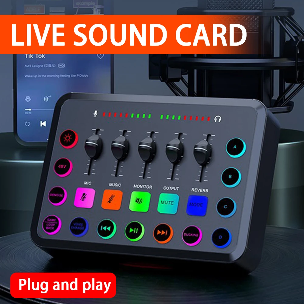 

5-Channel Gaming Audio Mixer,Streaming RGB Mixer with XLR Microphone Interface,for Game Voice,Podcast Built-in battery