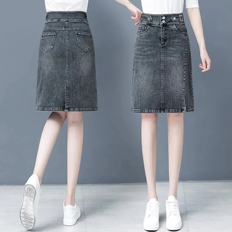 Biyaby Split Jean A-Line Skirt Woman 2023 Summer High Waist Double Buttons Blue Midi Skirts for Women Korean Office Denim Skirt