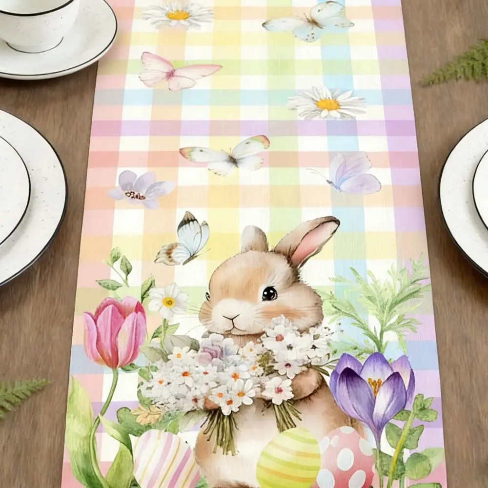 

Waterproof Easter Table Flag Oil-resistant Anti Slip Table Cover Flower Butterfly Stripe Plaid Easter Table Runner Hotel