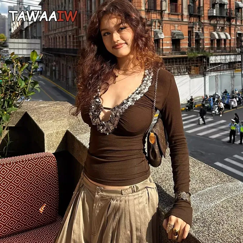 Tawaaiw Vintage Patchwork Sequin T-shirt Long Sleeve Sexy Slim Coffee 2000s Clothes Y2k Autumn Tops Tees Female Clothing T Shirt