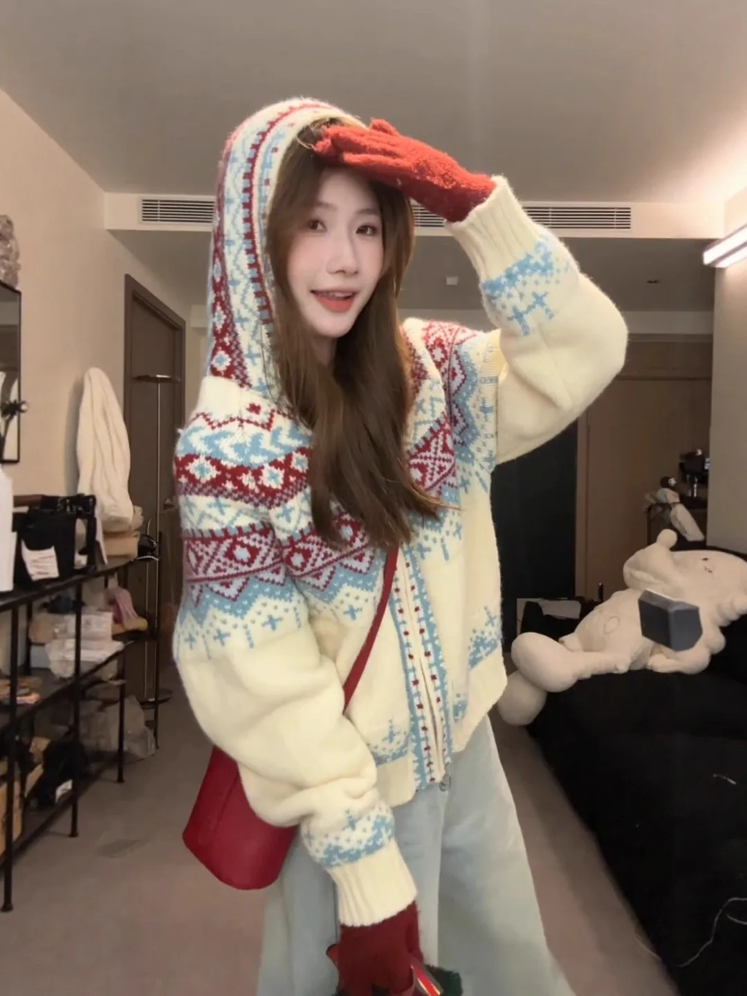 

Cisas Color Blo Hooded Knit Sweater Coat Women's Autumn Winter Loose Slimming Zipper Open Cardigan Unique Top