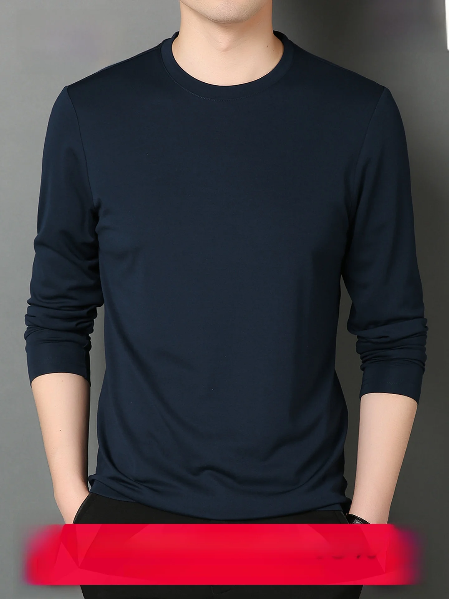 Men's round Neck Fleece Lined T-shirt Modal plus  Silk Pure Color Base Layer Shirt Fashionable Urban Style Winter Wear